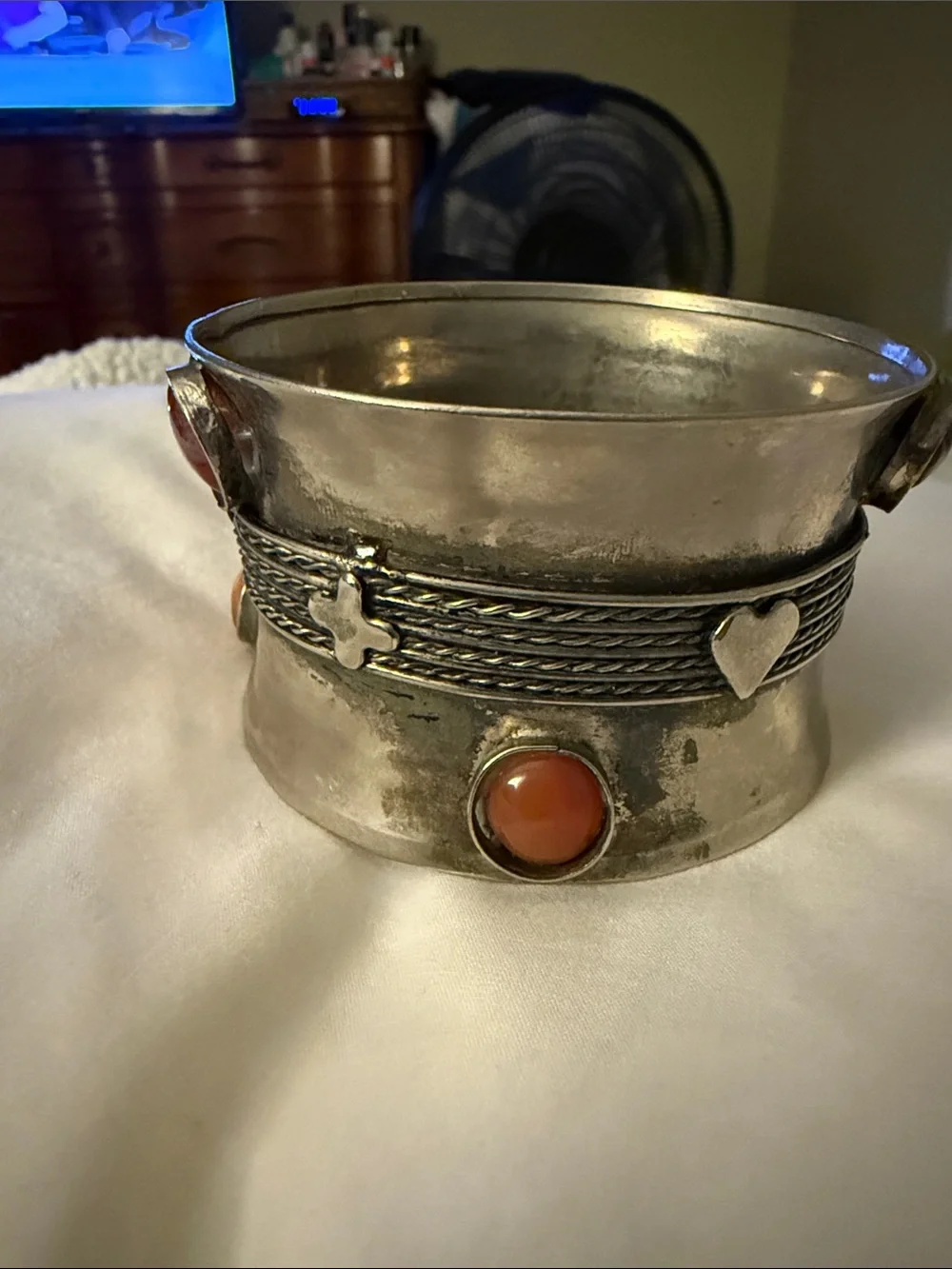 Silver Cuff Bracelet with Red Stone Accents